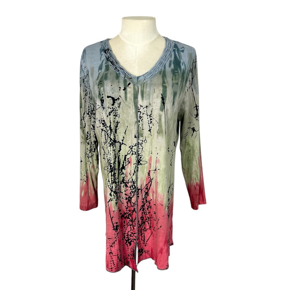 Parsley‎ & Sage tunic top size Petite Large ruched V neck artsy art to wear